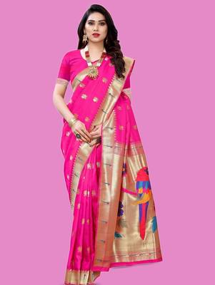 Pink woven design zari silk blend designer paithani saree 1