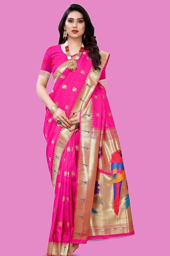 Pink woven design zari silk blend designer paithani saree