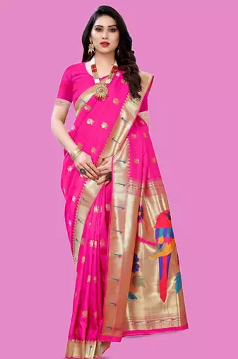 Pink woven design zari silk blend designer paithani saree