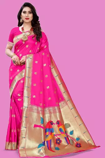 Pink woven design zari silk blend designer paithani saree