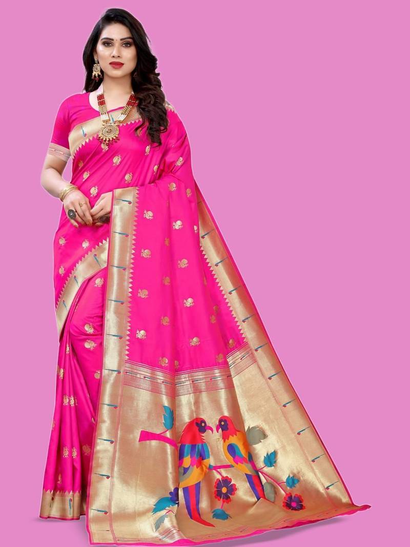 Pink woven design zari silk blend designer paithani saree