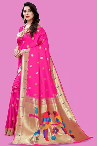 Pink woven design zari silk blend designer paithani saree