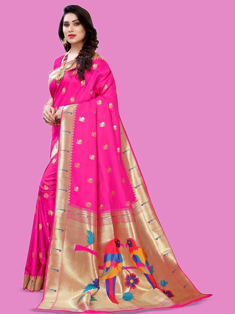 Pink woven design zari silk blend designer paithani saree