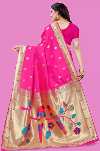 Pink woven design zari silk blend designer paithani saree