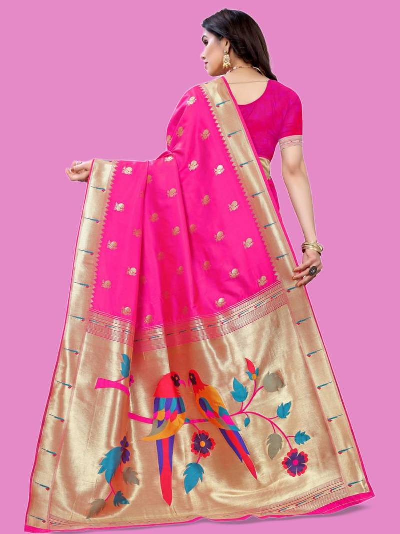 Pink woven design zari silk blend designer paithani saree