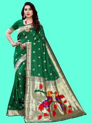 Green woven design zari silk blend designer paithani saree 1
