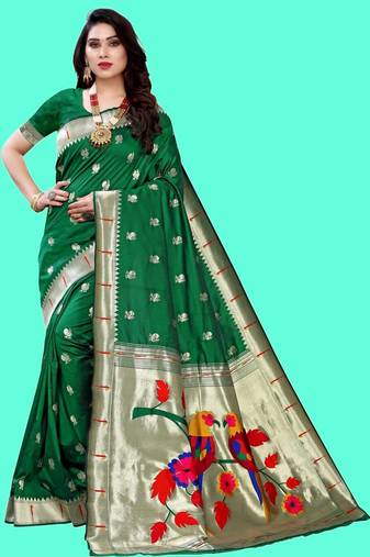 Green woven design zari silk blend designer paithani saree