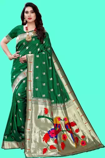 Green woven design zari silk blend designer paithani saree