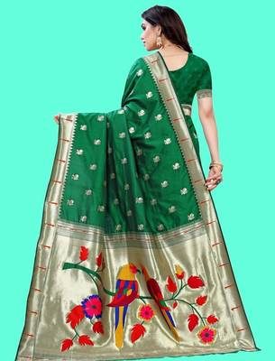 Green woven design zari silk blend designer paithani saree 2