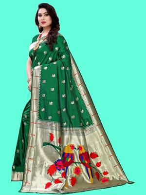 Green woven design zari silk blend designer paithani saree 3