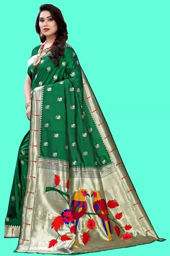 Green woven design zari silk blend designer paithani saree