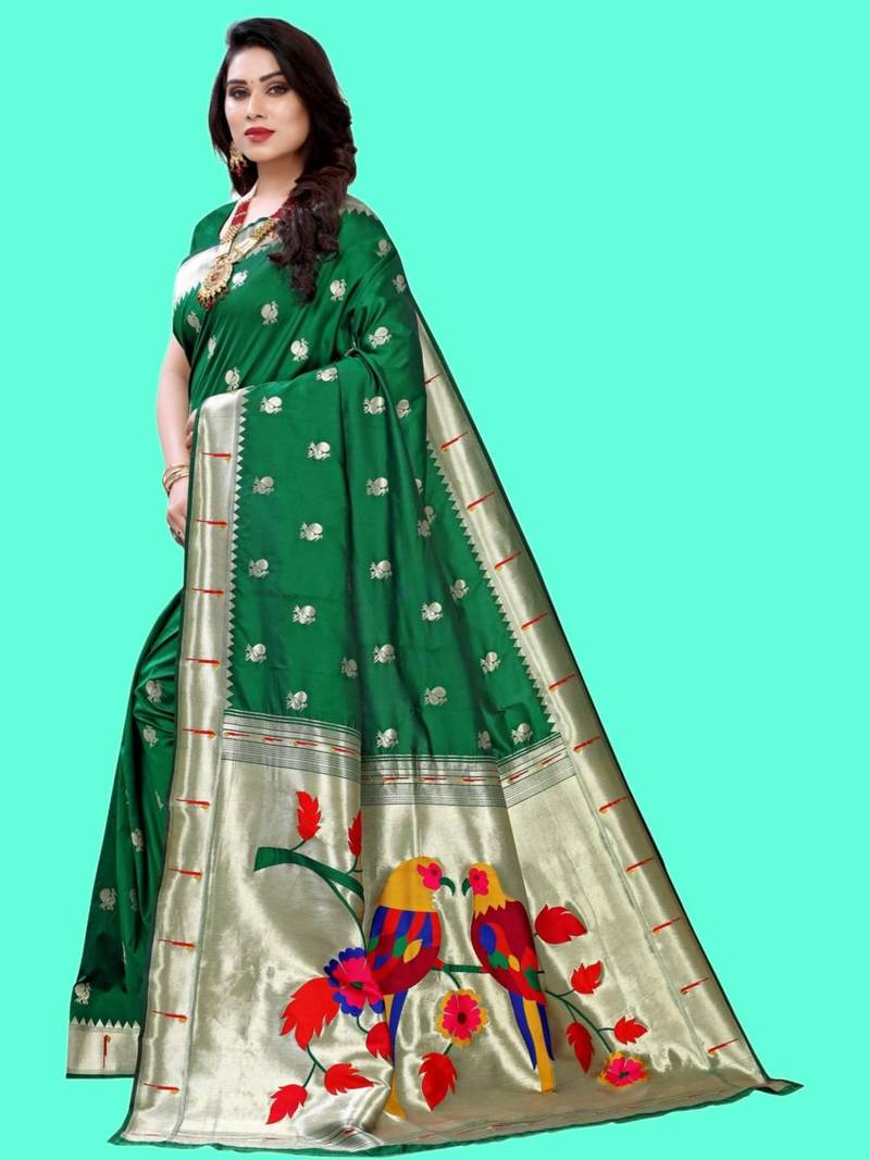 Green woven design zari silk blend designer paithani saree