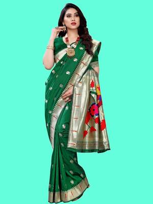 Green woven design zari silk blend designer paithani saree 4