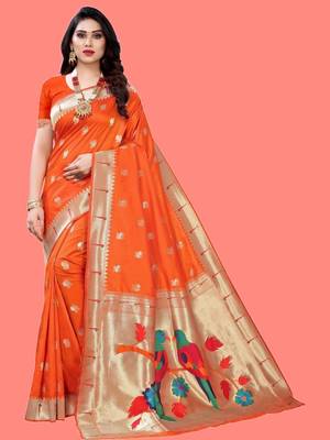 Orange woven design zari silk blend designer paithani saree 1