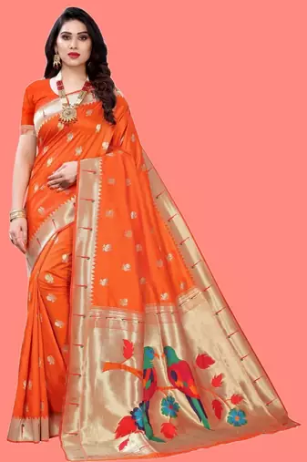 Orange woven design zari silk blend designer paithani saree