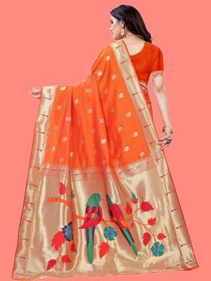 Orange woven design zari silk blend designer paithani saree 2
