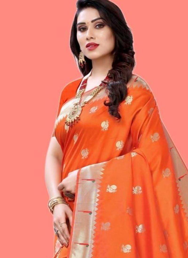 Orange woven design zari silk blend designer paithani saree