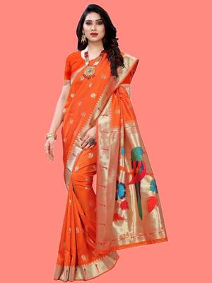 Orange woven design zari silk blend designer paithani saree 4