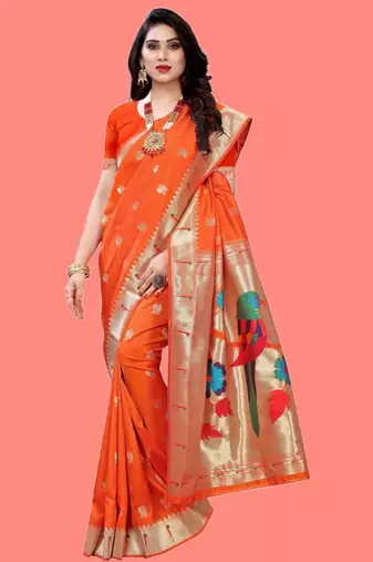 Orange woven design zari silk blend designer paithani saree