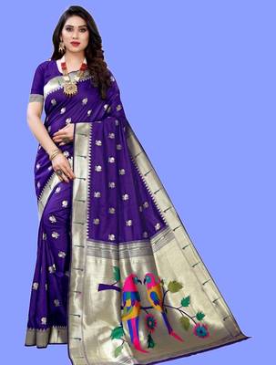 Violet violet paithani woven design saree and has a zari border blouse piece 1