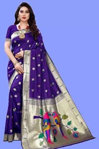 Violet violet paithani woven design saree and has a zari border blouse piece