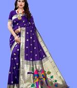Violet violet paithani woven design saree and has a zari border blouse piece