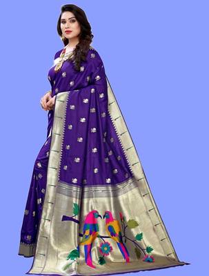 Violet violet paithani woven design saree and has a zari border blouse piece 2