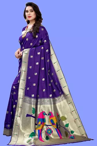 Violet violet paithani woven design saree and has a zari border blouse piece