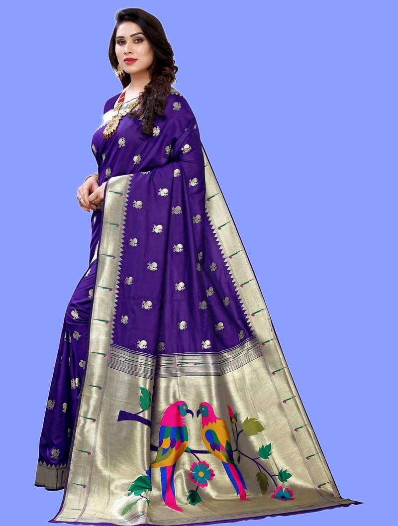 Violet violet paithani woven design saree and has a zari border blouse piece