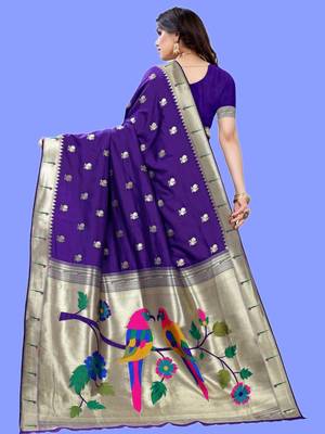 Violet violet paithani woven design saree and has a zari border blouse piece 3