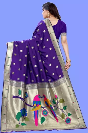 Violet violet paithani woven design saree and has a zari border blouse piece