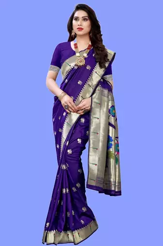 Violet violet paithani woven design saree and has a zari border blouse piece