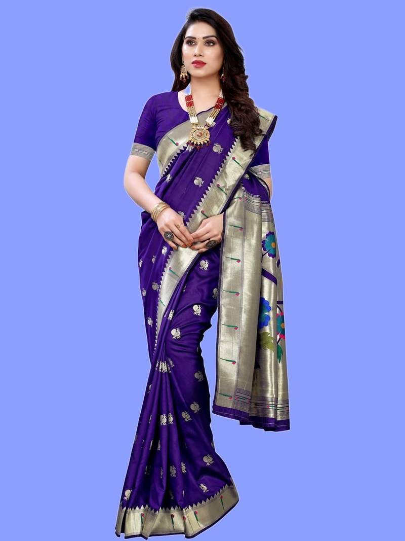 Violet violet paithani woven design saree and has a zari border blouse piece