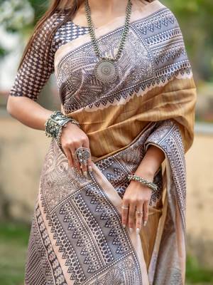 Olive ethnic motifs art silk saree 4