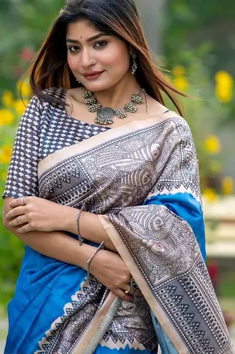 Blue warli art silk saree