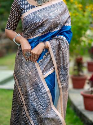 Blue warli art silk saree 3