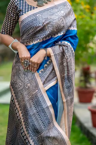 Blue warli art silk saree