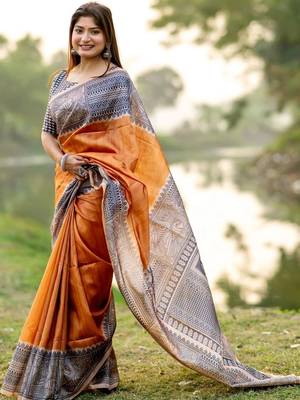 Orange women printed pure silk saree 1