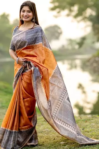 Orange women printed pure silk saree