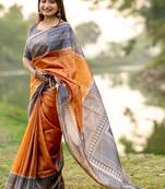 Orange women printed pure silk saree