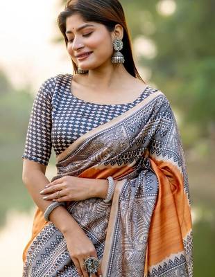 Orange women printed pure silk saree 2