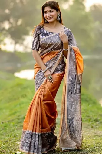 Orange women printed pure silk saree