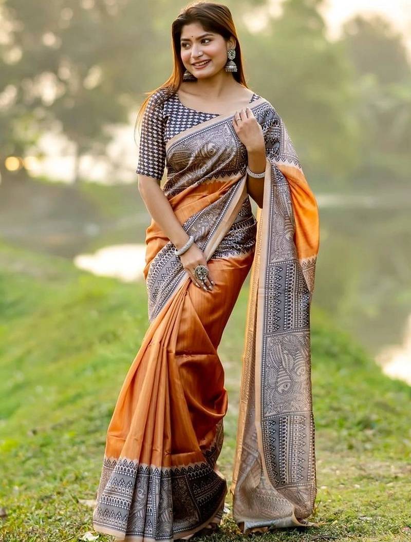 Orange women printed pure silk saree