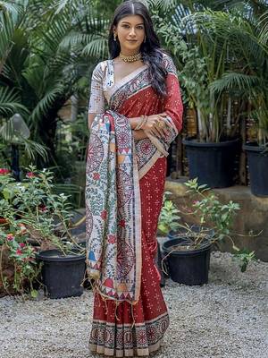 Red ethnic motifs art silk saree 1