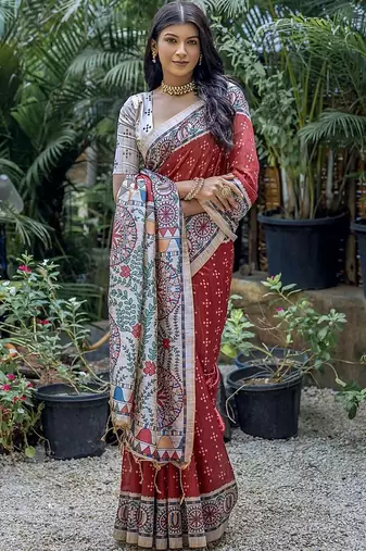 Red ethnic motifs art silk saree