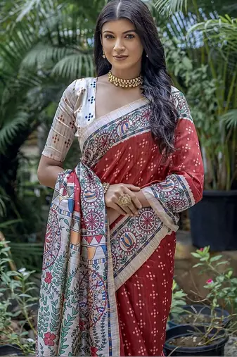 Red ethnic motifs art silk saree