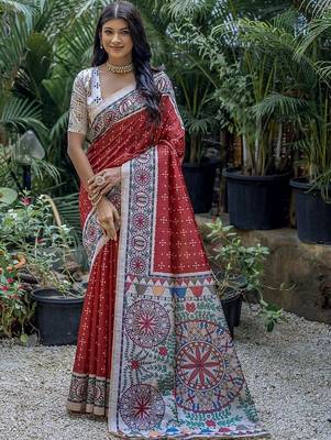 Red ethnic motifs art silk saree 3