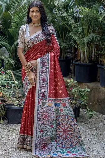 Red ethnic motifs art silk saree