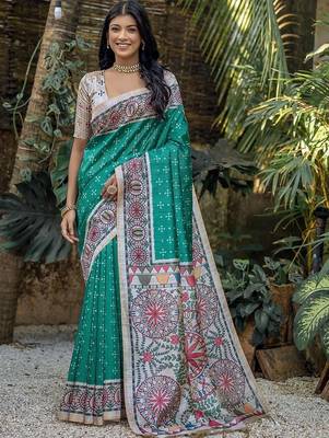 Teal art silk saree 1