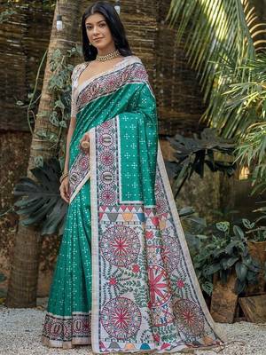 Teal art silk saree 2